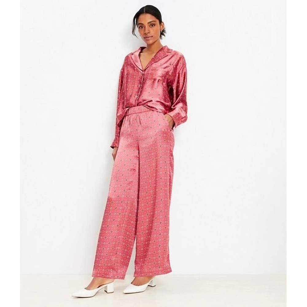 Loft‎ Pink Red Sunburst Print Satin Wide Leg Pants Elastic Waist Size M NEW